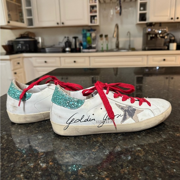 Golden Goose White and Red Sneakers with Glitter Detail - Picture 1 of 3